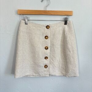 Reformation Linen Mini Skirt Women Size 4 Beige Oatmeal Side Buttons